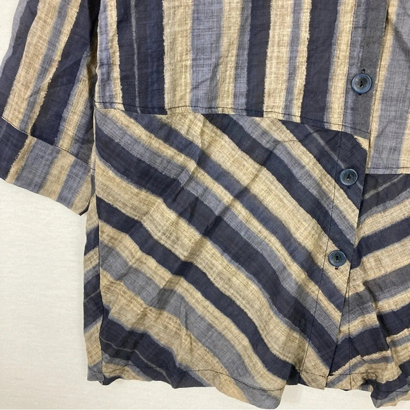 Terra Blue Tan Striped Lagenlook Artsy Button Down Size Medium - Picture 4 of 10